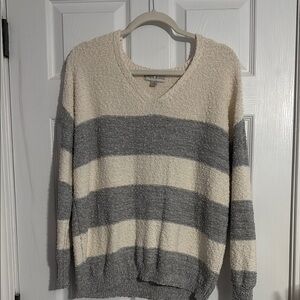 Cozy Striped V-Neck Sweater - Cream and Gray